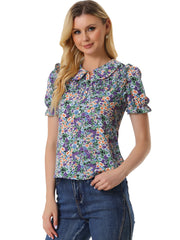 Peter Pan Collar Puff Short Sleeve Ruffle Smocked Floral Blouse
