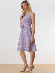 Floral Drawstring Waist Sleeveless A-Line Midi Dress Sundress