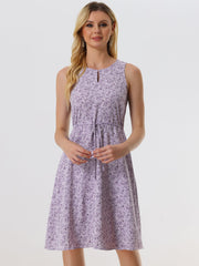 Floral Drawstring Waist Sleeveless A-Line Midi Dress Sundress