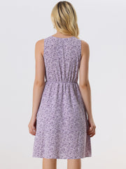 Floral Drawstring Waist Sleeveless A-Line Midi Dress Sundress