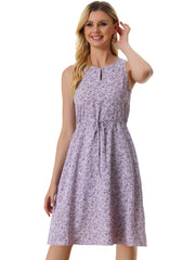 Floral Drawstring Waist Sleeveless A-Line Midi Dress Sundress