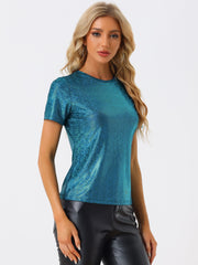 Glitter Metallic Short Sleeve Shiny Multicolor Blouse