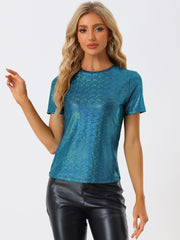 Glitter Metallic Short Sleeve Shiny Multicolor Blouse