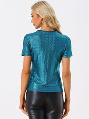 Glitter Metallic Short Sleeve Shiny Multicolor Blouse