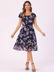 Floral Chiffon Flutter Sleeve Belted Square Neck Ruffled Hem Dress