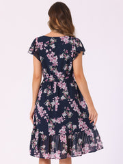 Floral Chiffon Flutter Sleeve Belted Square Neck Ruffled Hem Dress