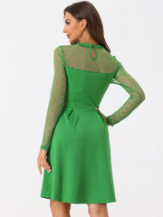 Party Heart Mesh Sheer Sleeve Crew Neck Skater Short Dress