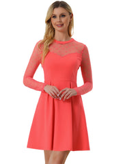 Party Heart Mesh Sheer Sleeve Crew Neck Skater Short Dress