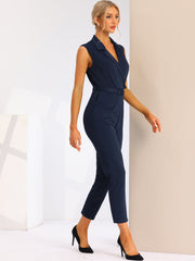 Sleeveless Button Front Closure Long Leg Pocket Belted Jumpsuits