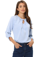 Office Keyhole Pleated 3/4 Sleeve Chiffon Blouse