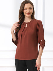 Office Keyhole Pleated 3/4 Sleeve Chiffon Blouse