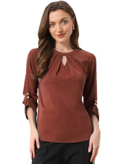 Office Keyhole Pleated 3/4 Sleeve Chiffon Blouse
