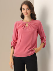 Office Keyhole Pleated Front Ruched 3/4 Sleeve Chiffon Blouse