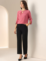 Office Keyhole Pleated Front Ruched 3/4 Sleeve Chiffon Blouse