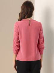 Office Keyhole Pleated Front Ruched 3/4 Sleeve Chiffon Blouse