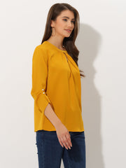 Office Keyhole Pleated Front Ruched 3/4 Sleeve Chiffon Blouse