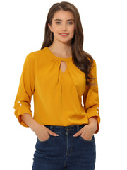 Office Keyhole Pleated Front Ruched 3/4 Sleeve Chiffon Blouse