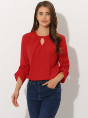 Office Keyhole Pleated Front Ruched 3/4 Sleeve Chiffon Blouse
