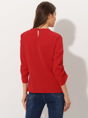 Office Keyhole Pleated Front Ruched 3/4 Sleeve Chiffon Blouse