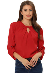 Office Keyhole Pleated Front Ruched 3/4 Sleeve Chiffon Blouse
