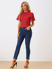 Polka Dots Stand Collar Pleat Keyhole Short Flare Sleeve Blouse