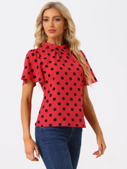 Polka Dots Stand Collar Pleat Keyhole Short Flare Sleeve Blouse