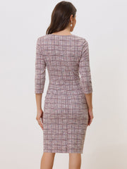 Elegant Square Neck 3/4 Sleeve Plaid Tweed Sheath Dress