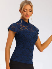 Elegant Floral Lace Short Sleeve Keyhole Back Fitted Blouse