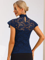 Elegant Floral Lace Short Sleeve Keyhole Back Fitted Blouse