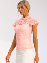 Elegant Floral Lace Short Sleeve Keyhole Back Fitted Blouse
