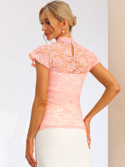 Elegant Floral Lace Short Sleeve Keyhole Back Fitted Blouse
