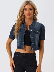 Casual Button-Down Puff Long Sleeve Crop Denim Jacket