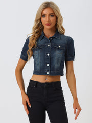 Casual Button-Down Puff Long Sleeve Crop Denim Jacket