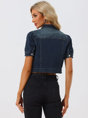 Casual Button-Down Puff Long Sleeve Crop Denim Jacket