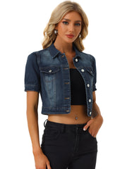 Casual Button-Down Puff Long Sleeve Crop Denim Jacket