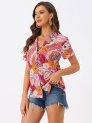 Hawaiian Tropical Leaves Floral Short Sleeve Button Down Shirt