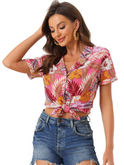 Hawaiian Tropical Leaves Floral Short Sleeve Button Down Shirt