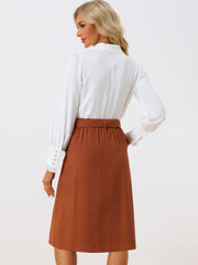 High Waist Elastic Back A-Line Belted Corduroy Pockets Midi Skirt