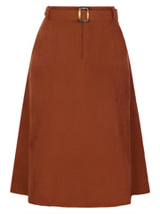 High Waist Elastic Back A-Line Belted Corduroy Pockets Midi Skirt