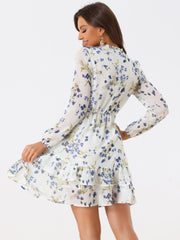 Floral V Neck Semi Sheer Layered Tiered Mini Dress
