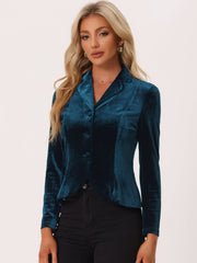 Notched Lapel Long Sleeve Office Business Button Velvet Blazer