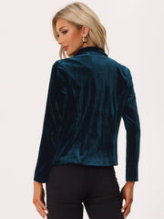 Notched Lapel Long Sleeve Office Business Button Velvet Blazer