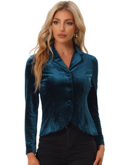 Notched Lapel Long Sleeve Office Business Button Velvet Blazer