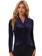 Notched Lapel Long Sleeve Office Business Button Velvet Blazer