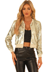 Sequin Long Sleeve Zipper Up Collarless Glitter Bomber Jacket