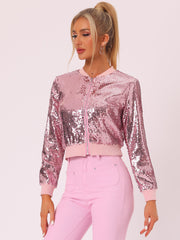 Sequin Long Sleeve Zipper Up Collarless Glitter Bomber Jacket