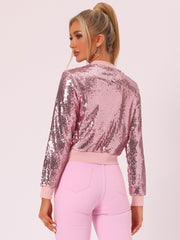 Sequin Long Sleeve Zipper Up Collarless Glitter Bomber Jacket