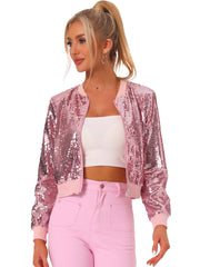 Sequin Long Sleeve Zipper Up Collarless Glitter Bomber Jacket
