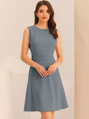 Round Neck Solid Color Sleeveless A-Line Work Midi Dress