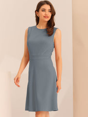 Round Neck Solid Color Sleeveless A-Line Work Midi Dress